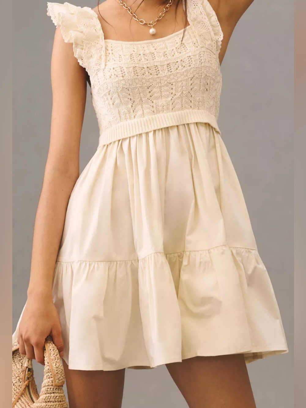 Cottagecore Romantic Crochet Collette Mini Sun Dress Ruffle Puff Sleeve Size S